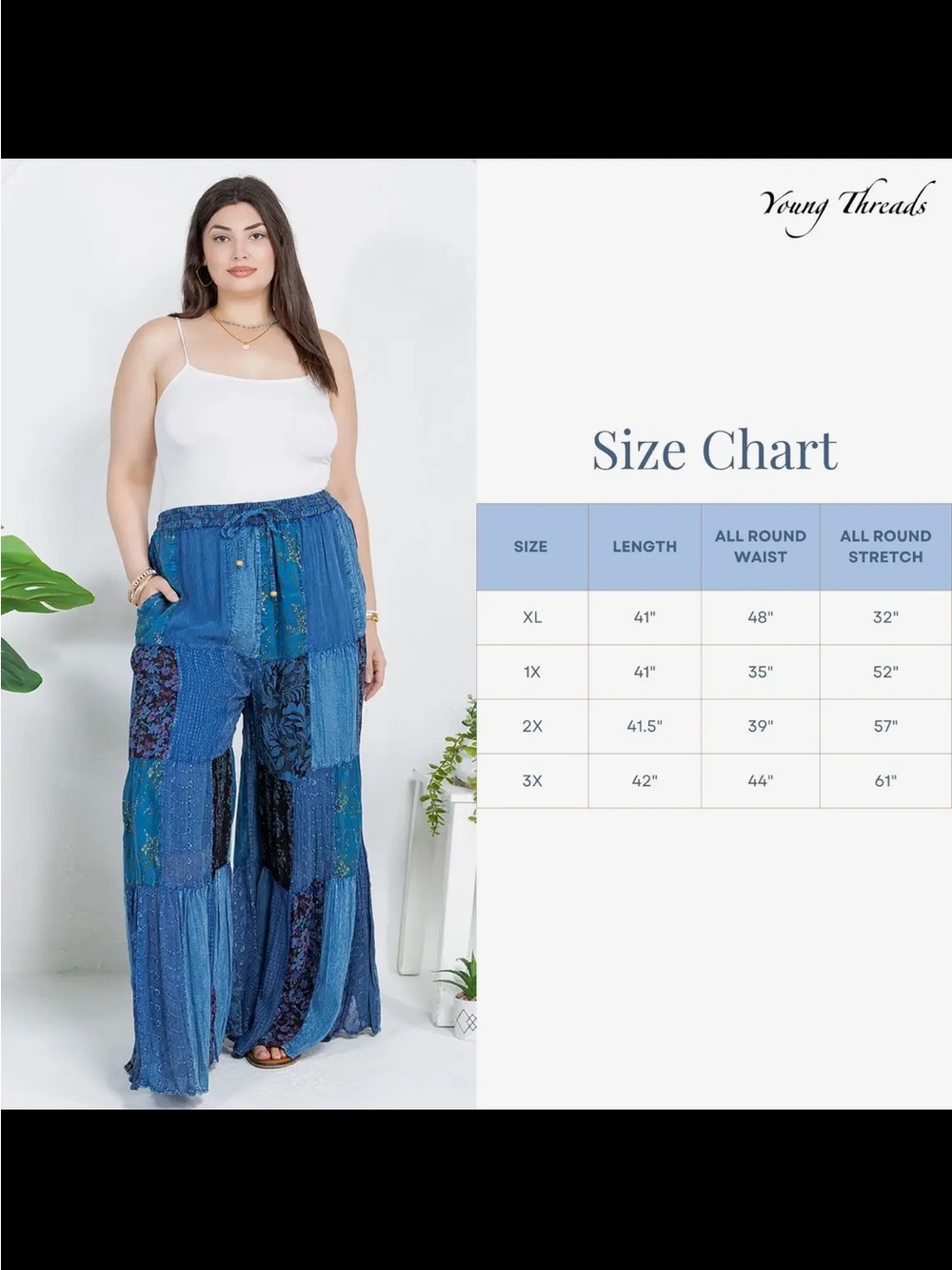 YOUNG THREADS Boho Patchwork Wide Leg Palazzo Pants - Blue - Picture 6 of 6